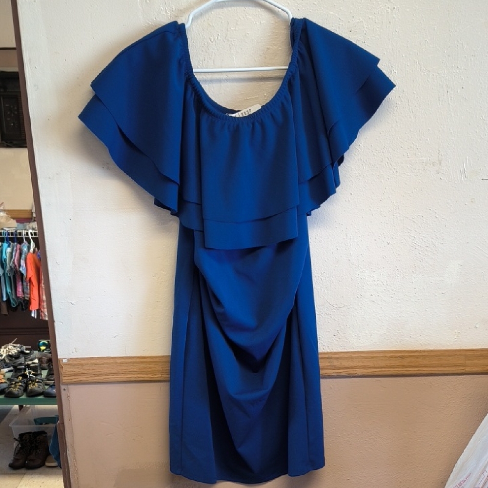 Ruffle Off-Shoulder Midi Dress in Royal Blue